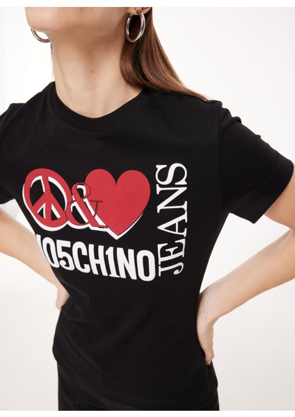 Bisiklet Yaka Baskılı Siyah Kadın T-Shirt J0713 indirimleri