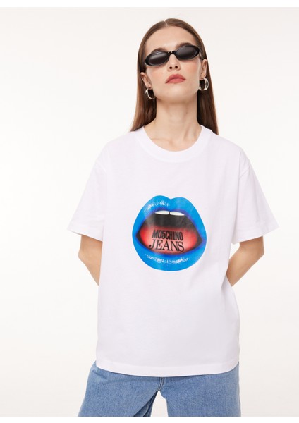 Bisiklet Yaka Baskılı Beyaz Kadın T-Shirt A0710