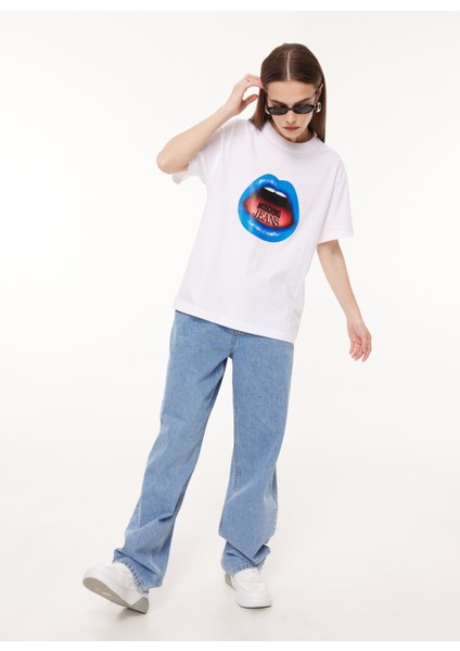 Bisiklet Yaka Baskılı Beyaz Kadın T-Shirt A0710