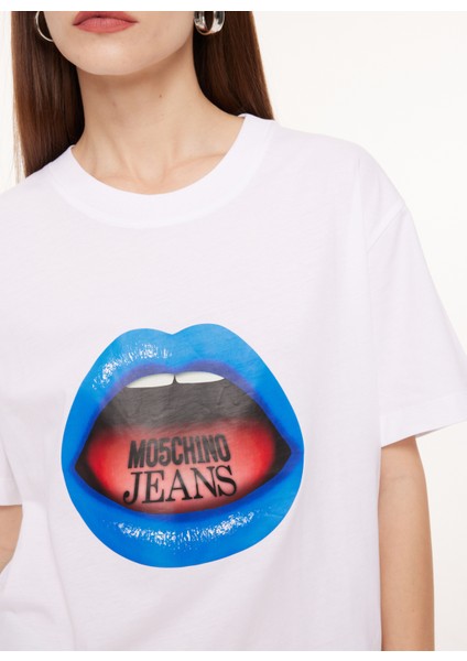 Bisiklet Yaka Baskılı Beyaz Kadın T-Shirt A0710