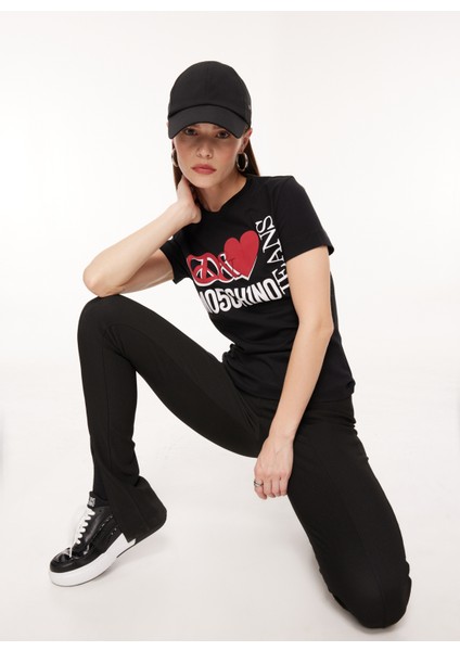 Bisiklet Yaka Baskılı Siyah Kadın T-Shirt J0713