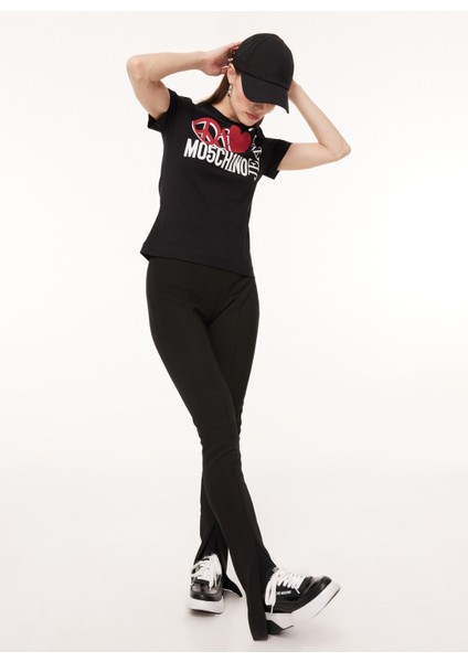 Bisiklet Yaka Baskılı Siyah Kadın T-Shirt J0713