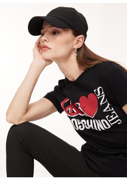 Bisiklet Yaka Baskılı Siyah Kadın T-Shirt J0713