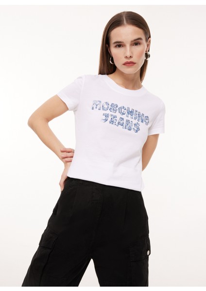 Bisiklet Yaka Baskılı Beyaz Kadın T-Shirt A0701