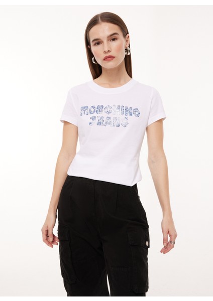 Bisiklet Yaka Baskılı Beyaz Kadın T-Shirt A0701