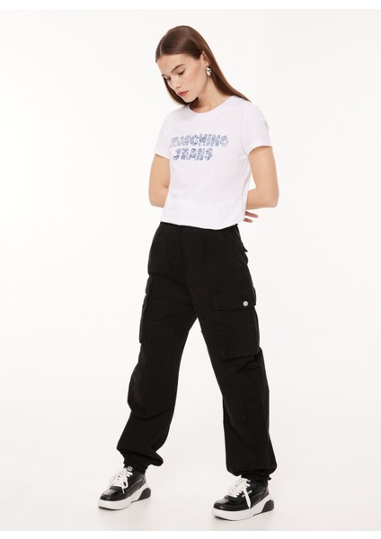 Bisiklet Yaka Baskılı Beyaz Kadın T-Shirt A0701