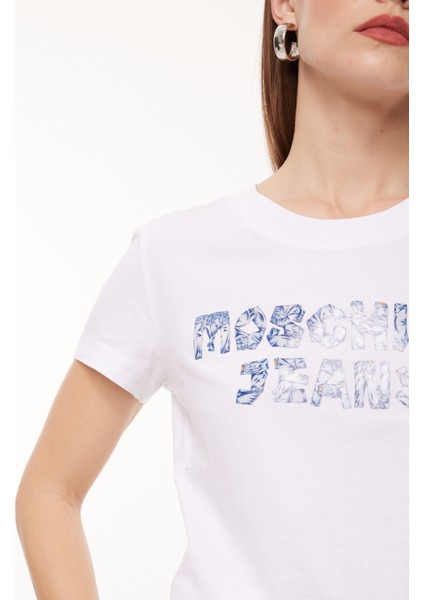 Bisiklet Yaka Baskılı Beyaz Kadın T-Shirt A0701