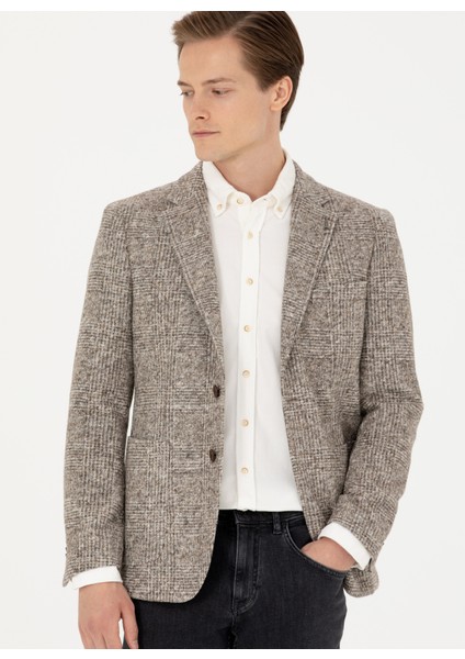 Slim Fit Bej Erkek Ekose Ceket Arısa