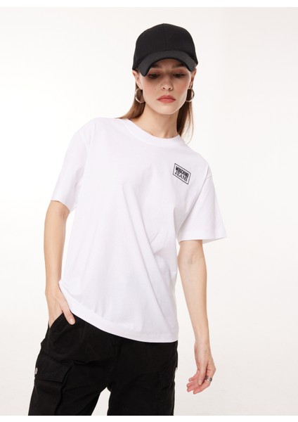 Bisiklet Yaka Baskılı Beyaz Kadın T-Shirt J0711