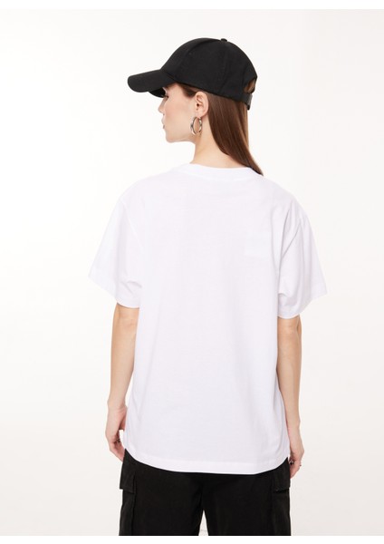 Bisiklet Yaka Baskılı Beyaz Kadın T-Shirt J0711