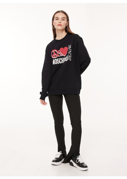 Jeans Bisiklet Yaka Baskılı Siyah Kadın Sweatshırt J1716