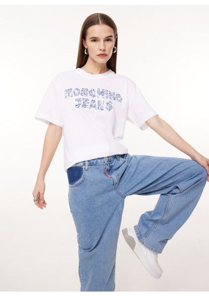 Bisiklet Yaka Baskılı Beyaz Kadın T-Shirt J0708