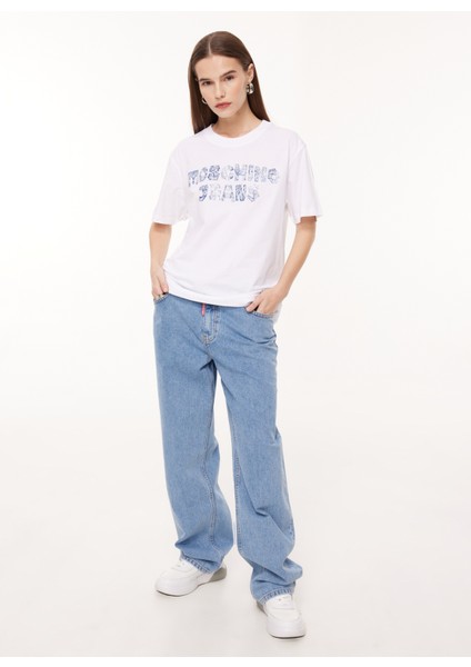 Bisiklet Yaka Baskılı Beyaz Kadın T-Shirt J0708