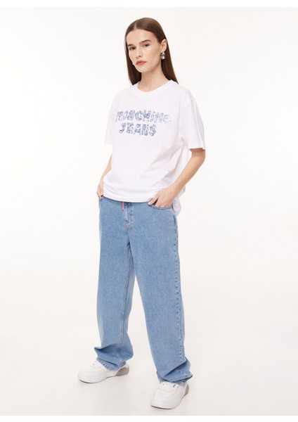 Bisiklet Yaka Baskılı Beyaz Kadın T-Shirt J0708