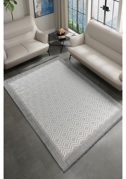 Olivia Krem Gri %100 Polyester Bukleli Dokuma Makine Halısı Oturma Odası Salon Mutfak Halısı 80 x 300