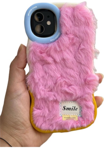 Apple iPhone 11 Kılıf Yumuşak Tüylü Pelüş Puf Standlı Renkli Silikon Case Smile Moda Kapak Dalgalı Tasarım