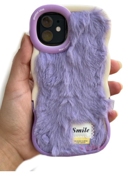 Apple iPhone 11 Kılıf Yumuşak Tüylü Pelüş Puf Standlı Renkli Silikon Case Smile Moda Kapak Dalgalı Tasarım