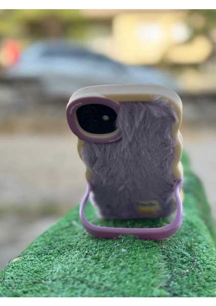 Apple iPhone 11 Kılıf Yumuşak Tüylü Pelüş Puf Standlı Renkli Silikon Case Smile Moda Kapak Dalgalı Tasarım