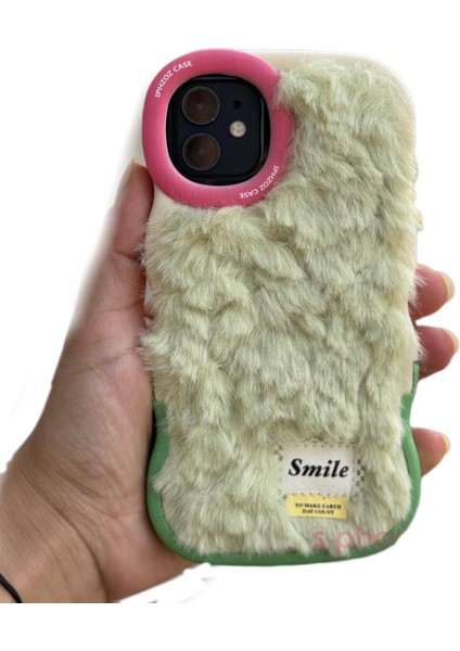 Apple iPhone 11 Kılıf Yumuşak Tüylü Pelüş Puf Standlı Renkli Silikon Case Smile Moda Kapak Dalgalı Tasarım