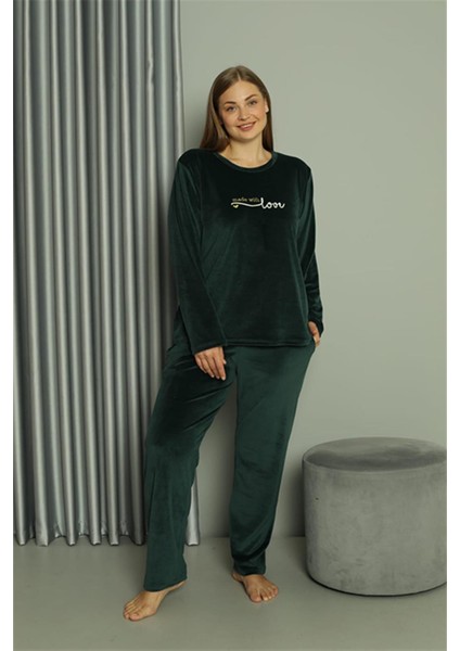 Büyük Beden Kadın Kadife Yeşil Pijama Takım 20628 modelleri