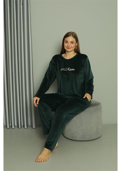 Büyük Beden Kadın Kadife Yeşil Pijama Takım 20628 fırsatları