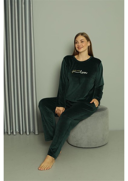 Büyük Beden Kadın Kadife Yeşil Pijama Takım 20628 indirimleri