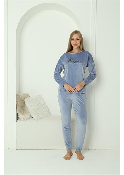 Kadın Kadife Mavi Pijama Takım 20624