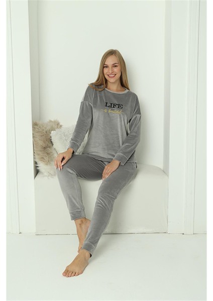 Kadın Kadife Gri Pijama Takım 20624