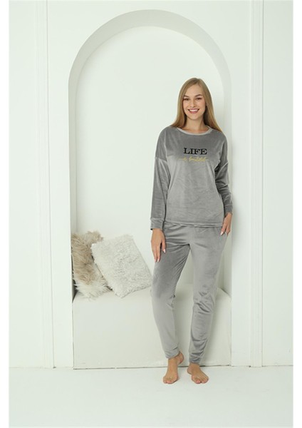 Kadın Kadife Gri Pijama Takım 20624 modelleri