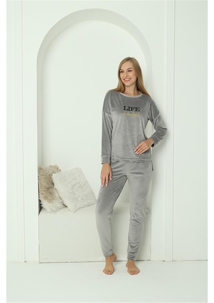 Kadın Kadife Gri Pijama Takım 20624 fırsatları