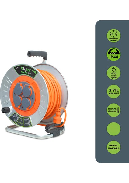 Mmp Serisi IP44 Makaralı Seyyar Uzatma Kablosu 30 Metre 3g2,5mm² (Türk Malı, Yüksek Darbe Dayanımı, Metal Sac, Dış Mekan, Su Sıçramalarına Karşı Korumalı, Turuncu Kablo, Termal Sigortalı)
