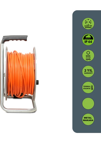 Mmp Serisi IP44 Makaralı Seyyar Uzatma Kablosu 30 Metre 3g2,5mm² (Türk Malı, Yüksek Darbe Dayanımı, Metal Sac, Dış Mekan, Su Sıçramalarına Karşı Korumalı, Turuncu Kablo, Termal Sigortalı)