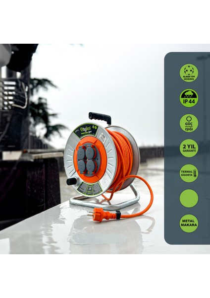 Mmp Serisi IP44 Makaralı Seyyar Uzatma Kablosu 30 Metre 3g2,5mm² (Türk Malı, Yüksek Darbe Dayanımı, Metal Sac, Dış Mekan, Su Sıçramalarına Karşı Korumalı, Turuncu Kablo, Termal Sigortalı)