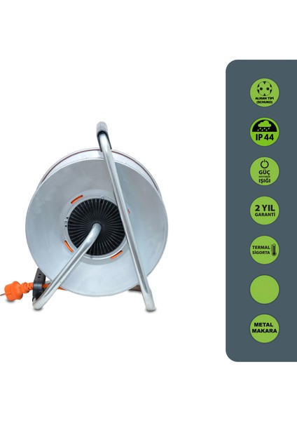 Mmp Serisi IP44 Makaralı Seyyar Uzatma Kablosu 20 Metre 3g2,5mm² (Türk Malı, Yüksek Darbe Dayanımı, Metal Sac, Dış Mekan, Su Sıçramalarına Karşı Korumalı, Turuncu Kablo, Termal Sigortalı)
