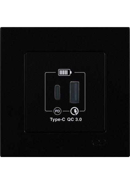 Günsan Eqona Metalik Siyah 2 Çıkışlı USB Şarj Prizi Type C + Type A 20W