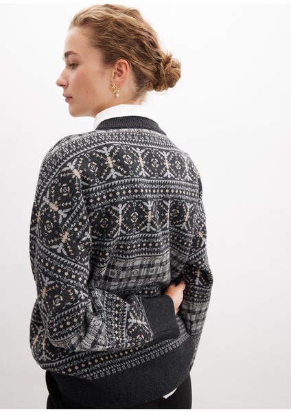 Caıtlın Pullover Bisiklet Yaka Etnik Motif Yün Karışım Kadın Triko Kazak - Antrasit Melanj modelleri