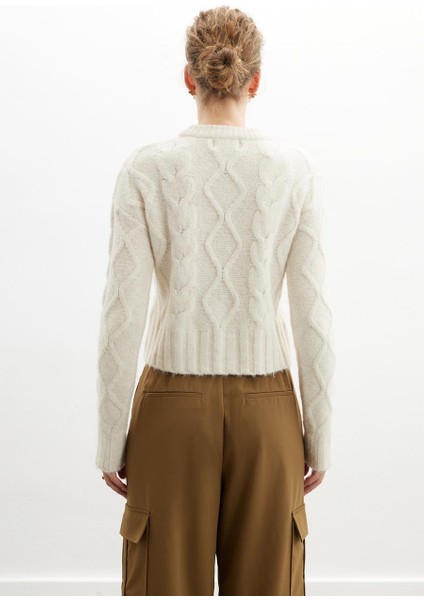 Adelıne Sweater Bisiklet Yaka Saç Örgü Kadın Triko Kazak - Ekru fırsatları