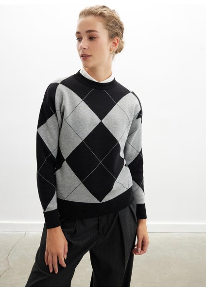 Styleboom X Peraluna OXFORD PULLOVER Bisiklet Yaka Baklava Desen Kadın Triko Kazak - Siyah modelleri