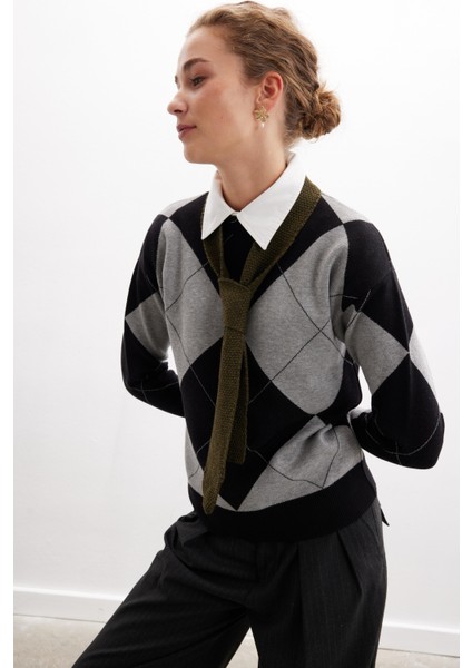 Styleboom X Peraluna OXFORD PULLOVER Bisiklet Yaka Baklava Desen Kadın Triko Kazak - Siyah indirimleri