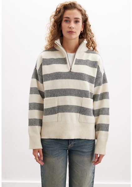 Mısty Sweater Yüksek Yaka Fermuarlı Çizgili Yün Karışım Kadın Triko Kazak - Ekru indirimleri
