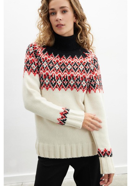 Styleboom x Peraluna Cotswald Faır Isle Pullover Balıkçı Yaka Baklava Desen Kazak Kadın Triko Kazak - Ekru Multi fiyatları