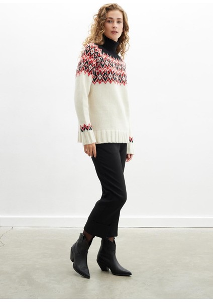 Styleboom x Peraluna Cotswald Faır Isle Pullover Balıkçı Yaka Baklava Desen Kazak Kadın Triko Kazak - Ekru Multi fırsatları