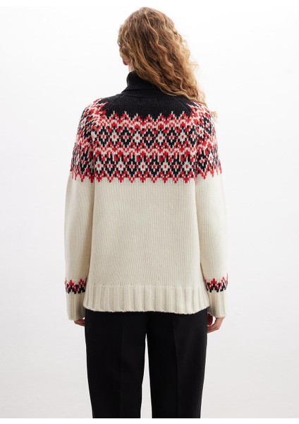 Styleboom x Peraluna Cotswald Faır Isle Pullover Balıkçı Yaka Baklava Desen Kazak Kadın Triko Kazak - Ekru Multi indirimleri