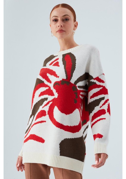 Polına Pullover Çiçek Desenli Uzun Kadın Triko Kazak Ekru Multi