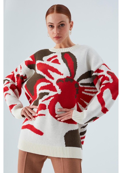 Polına Pullover Çiçek Desenli Uzun Kadın Triko Kazak Ekru Multi