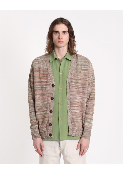 Far Afield Buckley Cardıgan - Twısted Yarn V Yaka Standart Kesim Organik Pamuk Melanj Erkek Triko Hırka - Kahve Multi fiyatları