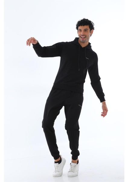 Erkek İki İplik Kumaş, Sweat Kapüşonlu Siyah Bel Lastikli Eşofman Takımı - 7720 fiyatları