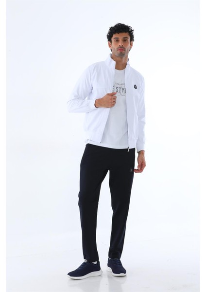 Erkek İki İplik Kumaş Slim Fit Dar Paça Beyaz Fermuarlı Eşofman Takımı - 7664