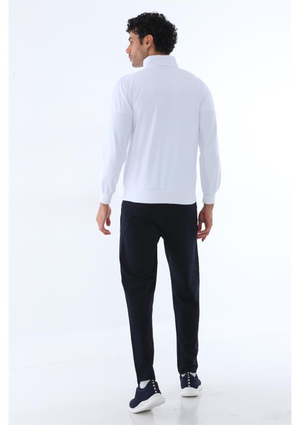 Erkek İki İplik Kumaş Slim Fit Dar Paça Beyaz Fermuarlı Eşofman Takımı - 7664 fırsatları
