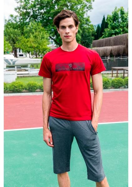 Erkek Bordo Süprem Kumaş Bisiklet Yaka Slim Fit Dar Kesim Piyera Sports Baskılı Kısa Kol T-Shirt - 136